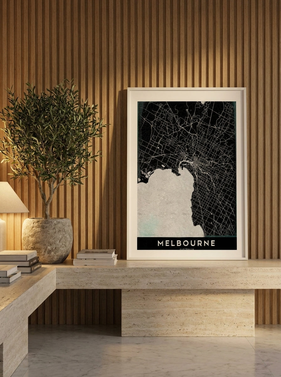 Modern wall art print standing on a console in a luxe bedroom