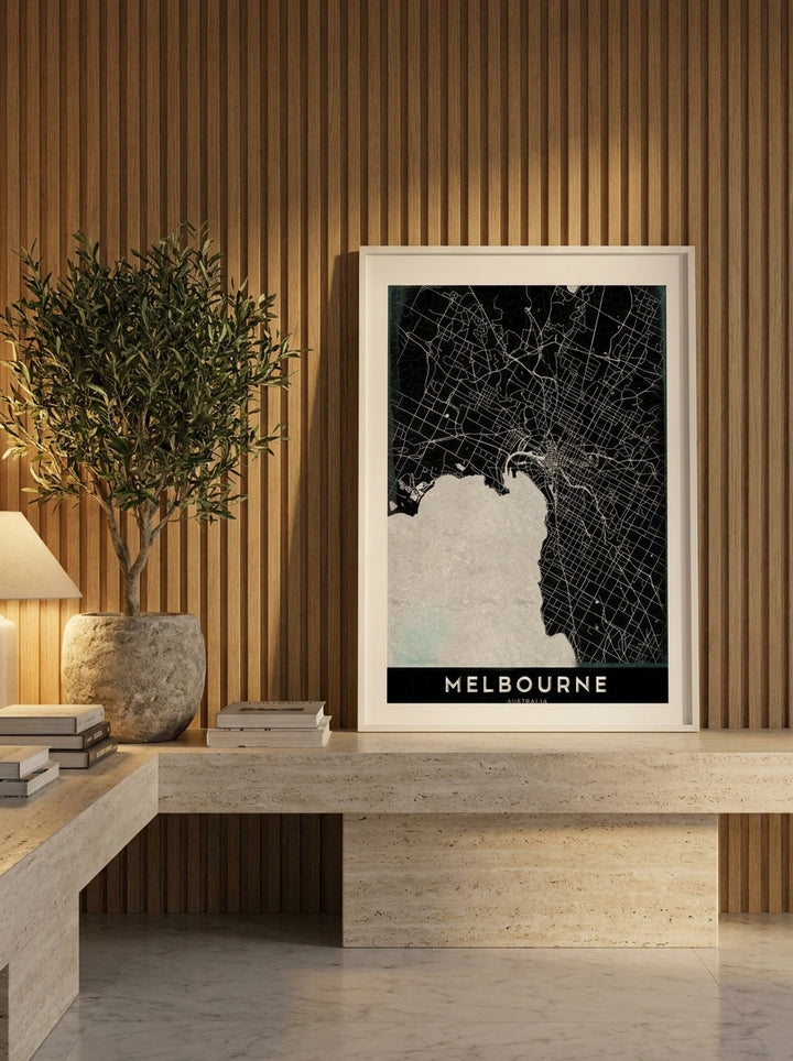 Modern wall art print standing on a console in a luxe bedroom