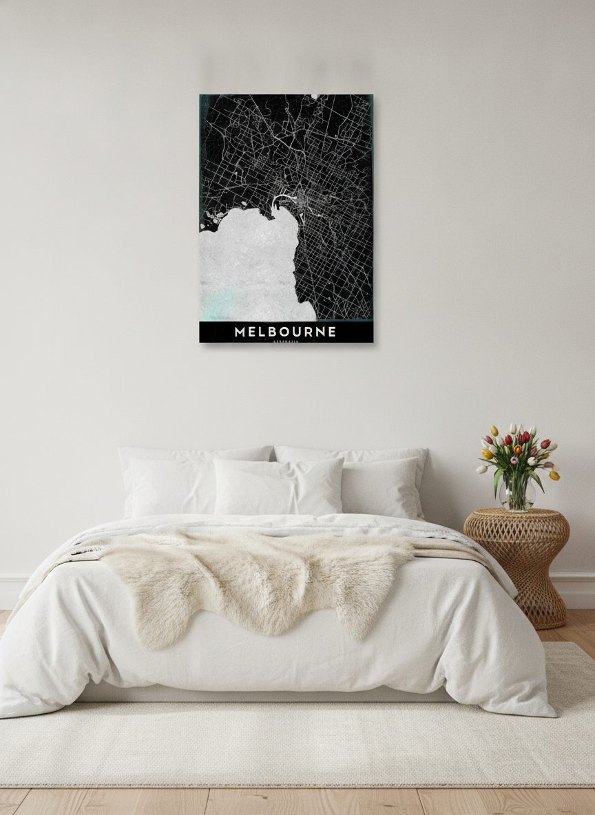 Stretched canvas wall art styled on the wall in a bright Scandinavian bedroom