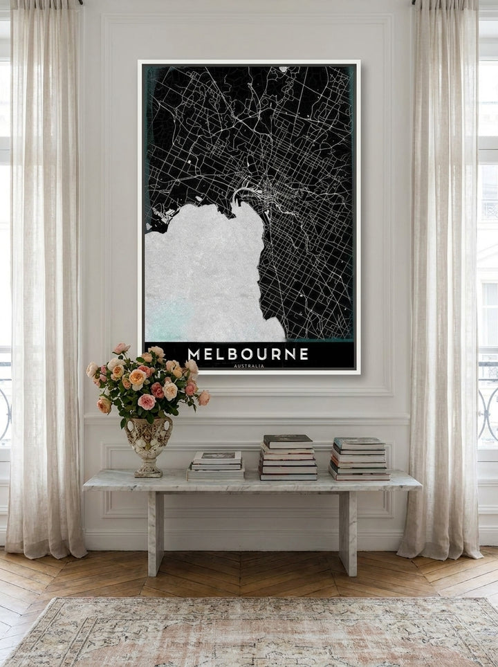 Oversized statement canvas wall art with a white surround styled on the wall in a Parisian living room