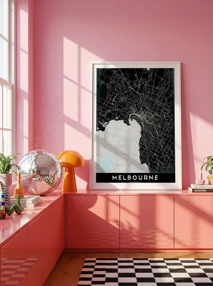 Modern wall art print standing on a sideboard in a colourful eclectic living room