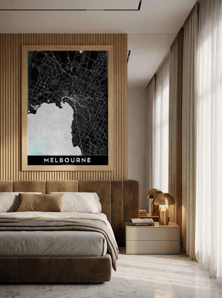 Oversized statement modern wall art print styled on the wall in a luxe bedroom