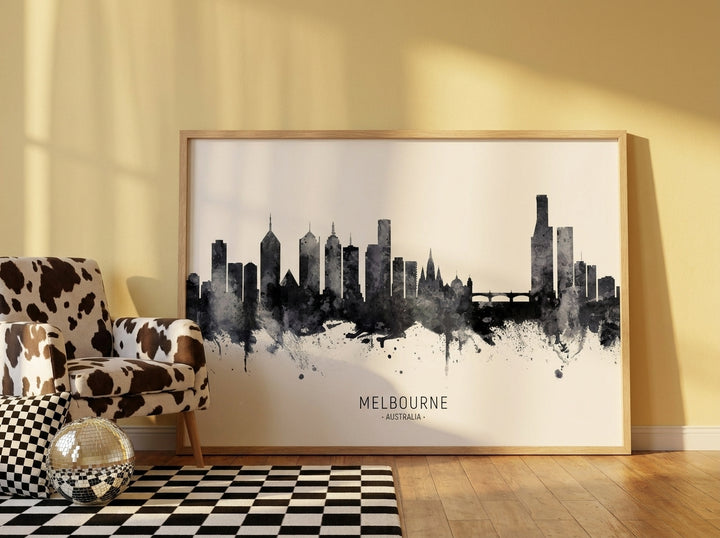 Oversized statement modern wall art print leaning against the wall in a colourful eclectic bedroom