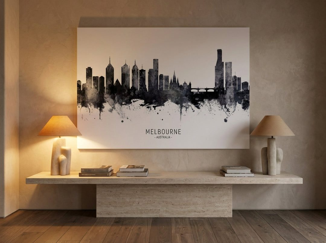 Stretched canvas wall art styled on the wall in a luxe living room