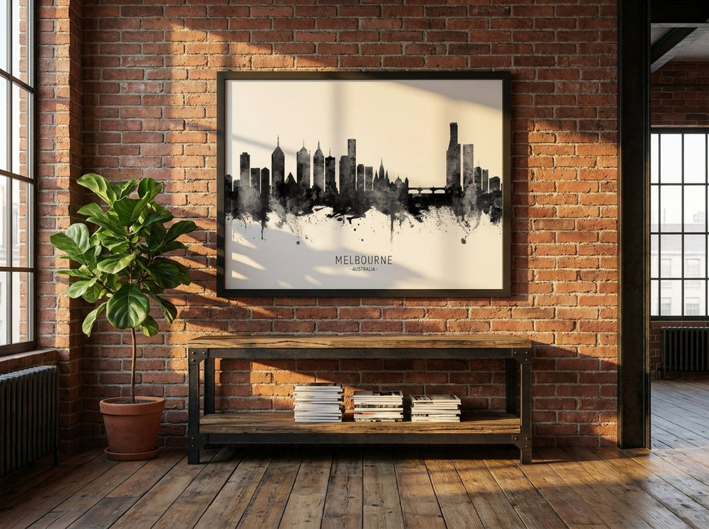 Oversized statement modern wall art print styled on the wall in an industrial loft living room