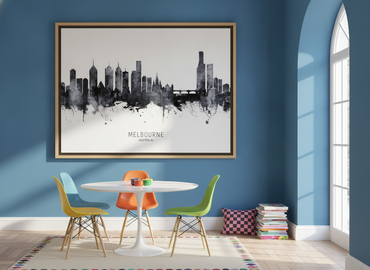 Oversized statement canvas wall art with a natural timber surround styled on the wall in a colourful eclectic dining room