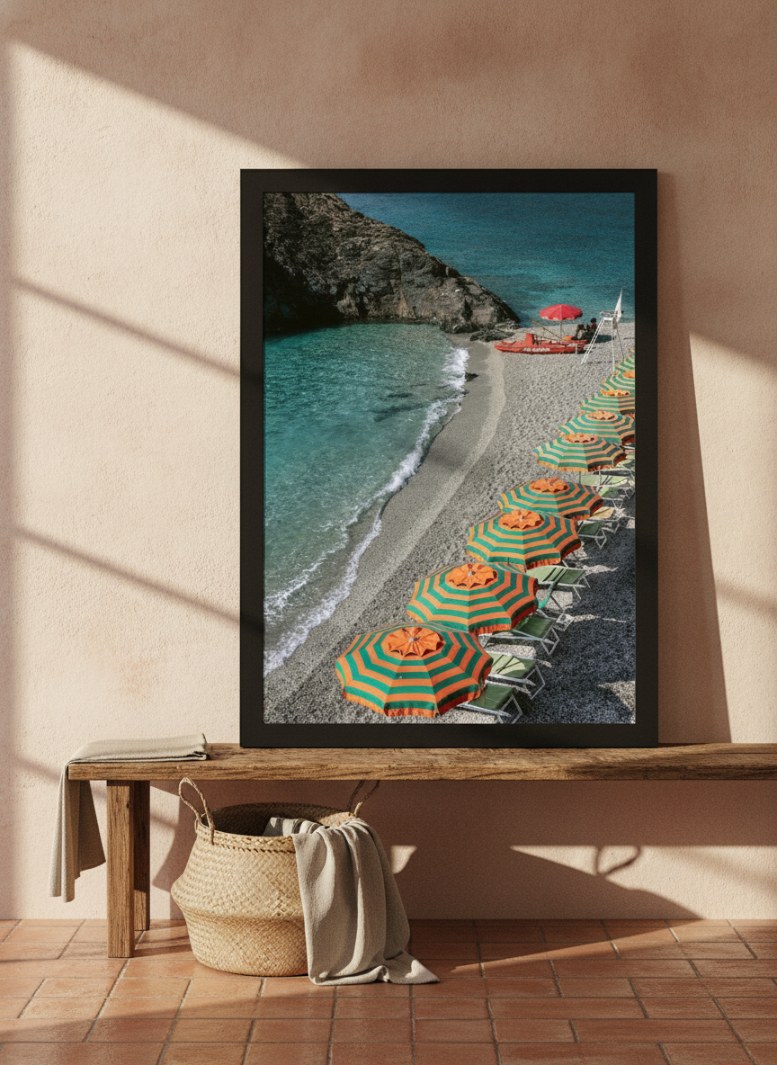 Modern wall art print standing on a bench in a Mediterranean bedroom
