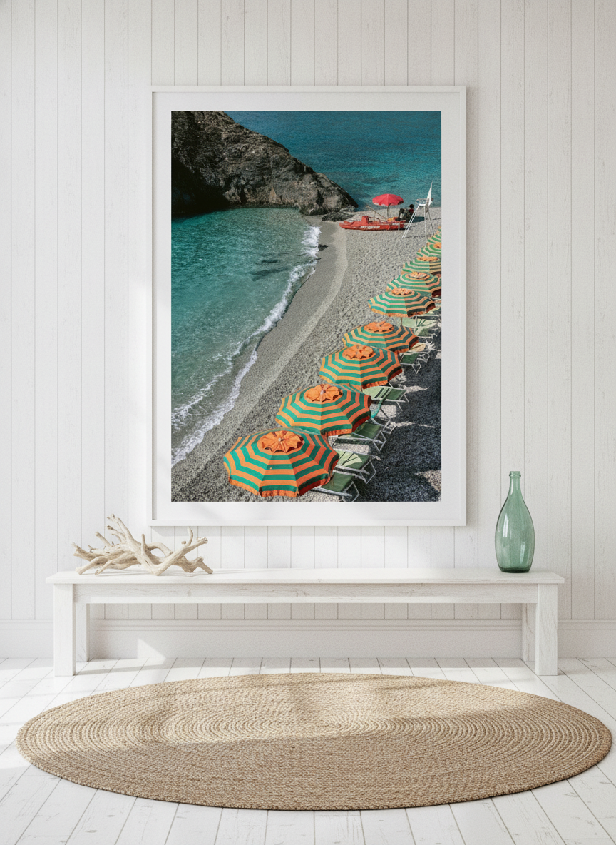 Oversized statement modern wall art print styled on the wall in a coastal living room