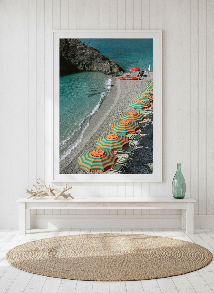 Oversized statement modern wall art print styled on the wall in a coastal living room