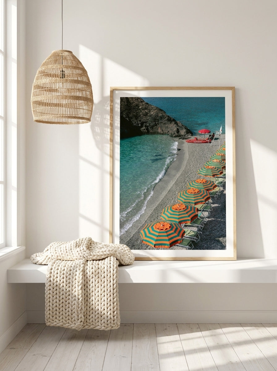 Modern wall art print standing on a shelf in a bright Scandinavian bathroom