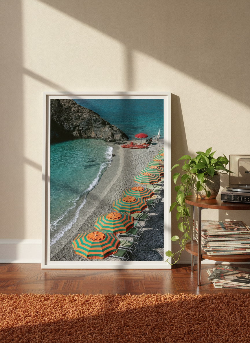 Modern wall art print leaning against the wall in a retro 70s living room