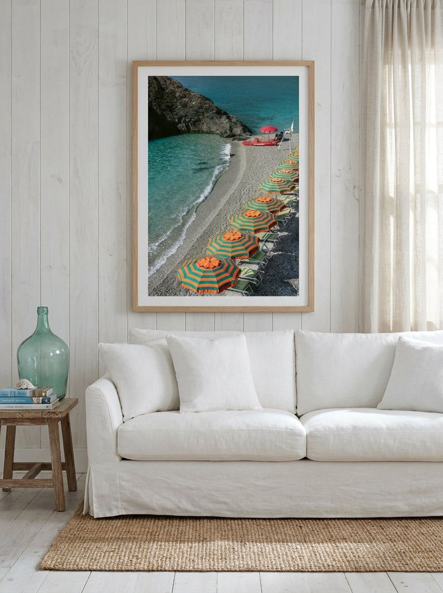 Modern wall art print styled on the wall in a coastal living room