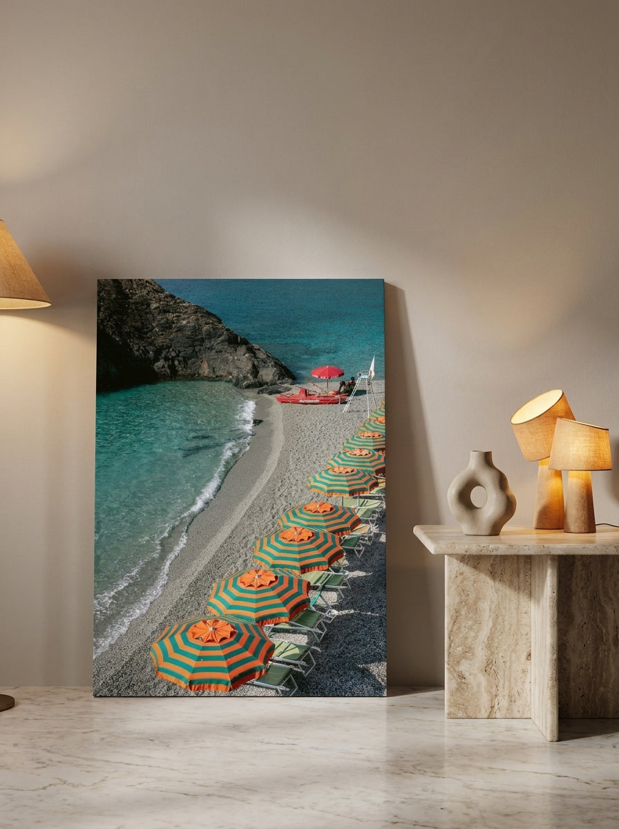Stretched canvas wall art leaning against the wall in a luxe bedroom