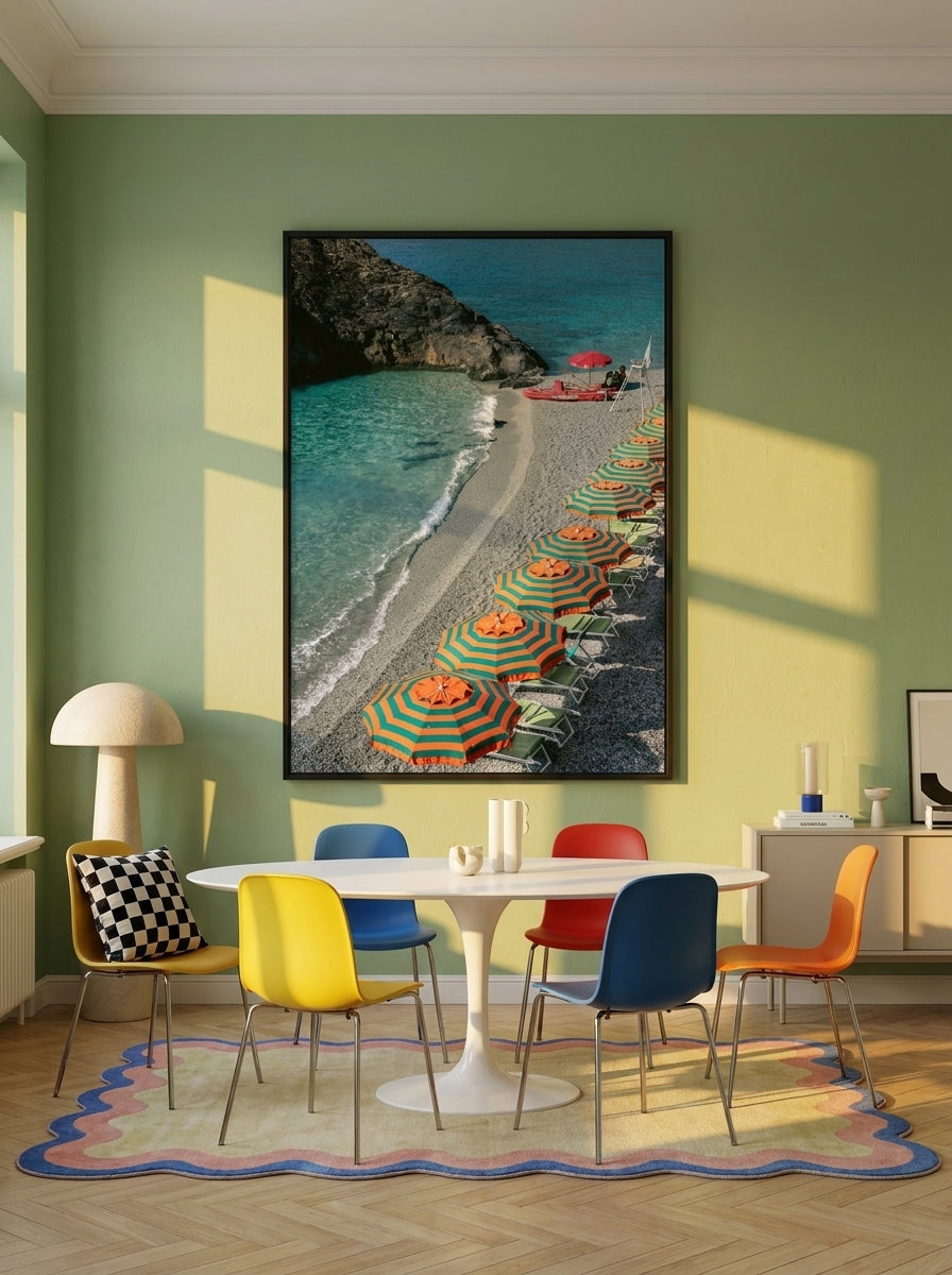 Oversized statement modern wall art print styled on the wall in a colourful eclectic dining room