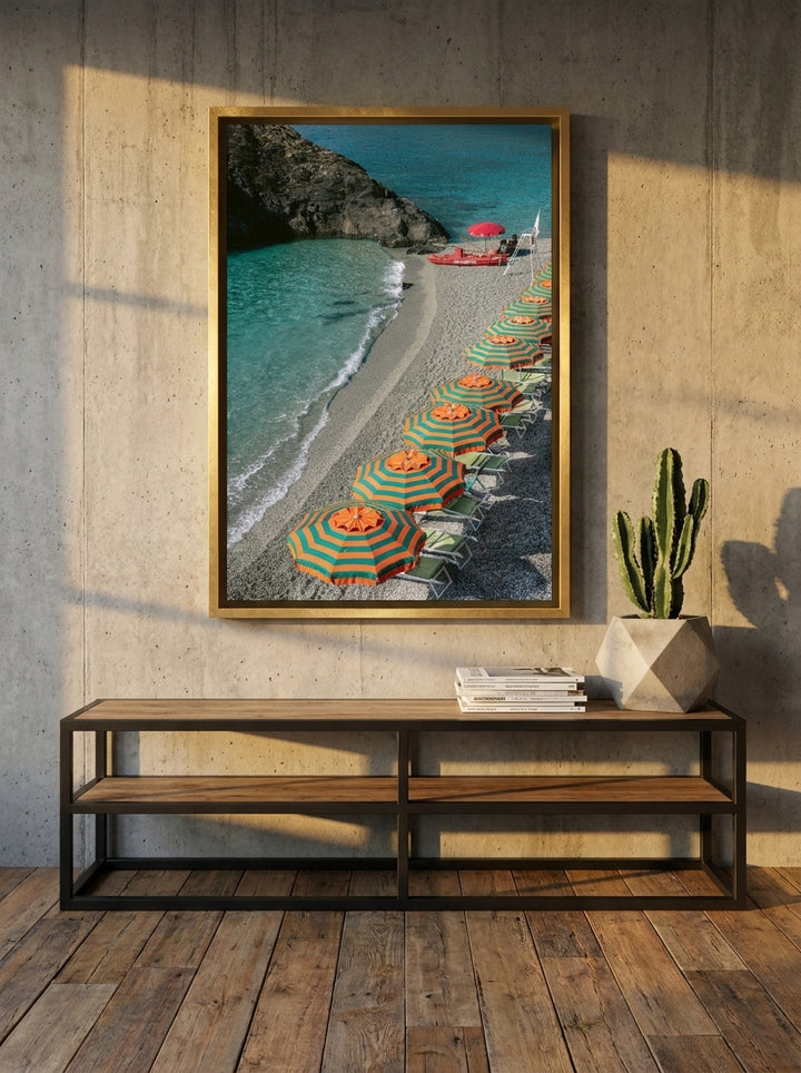 Canvas wall art with a gold leaf surround styled on the wall in an industrial loft living room