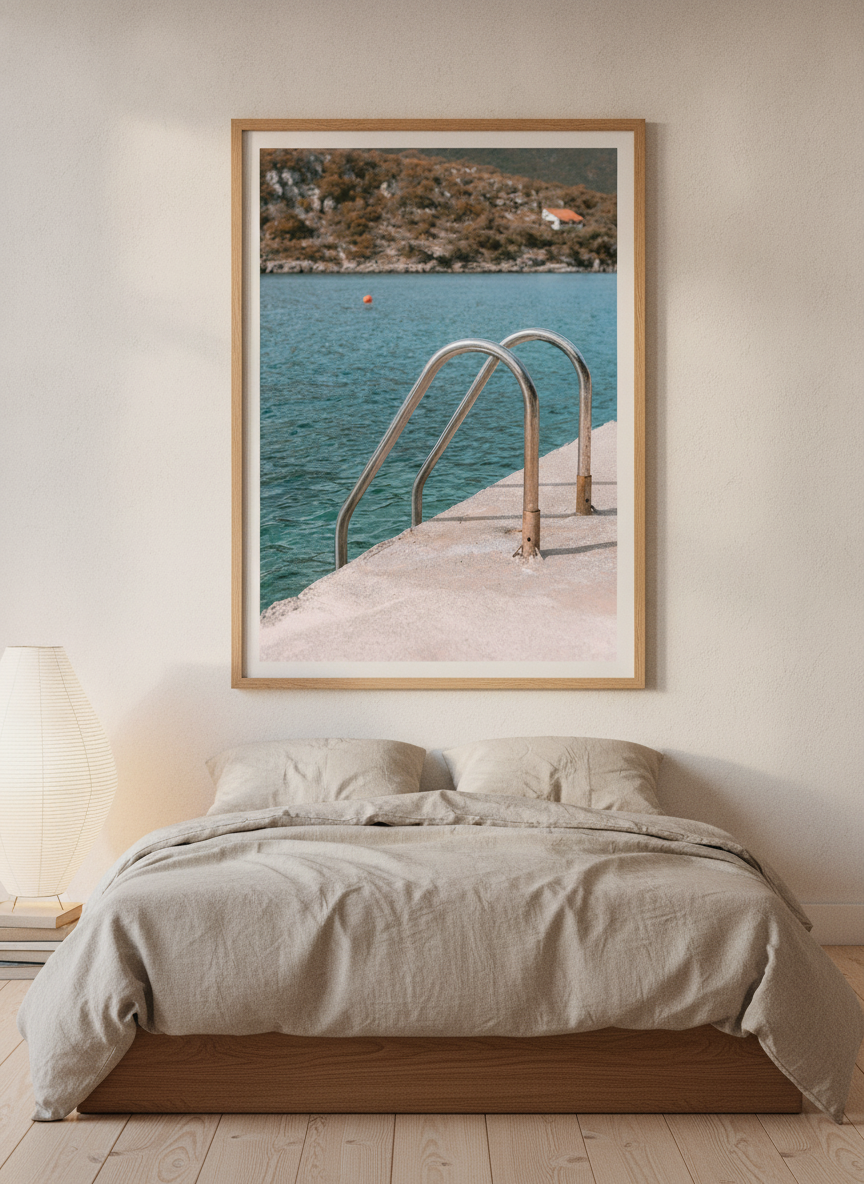 Modern wall art print styled on the wall in a warm Japandi bedroom