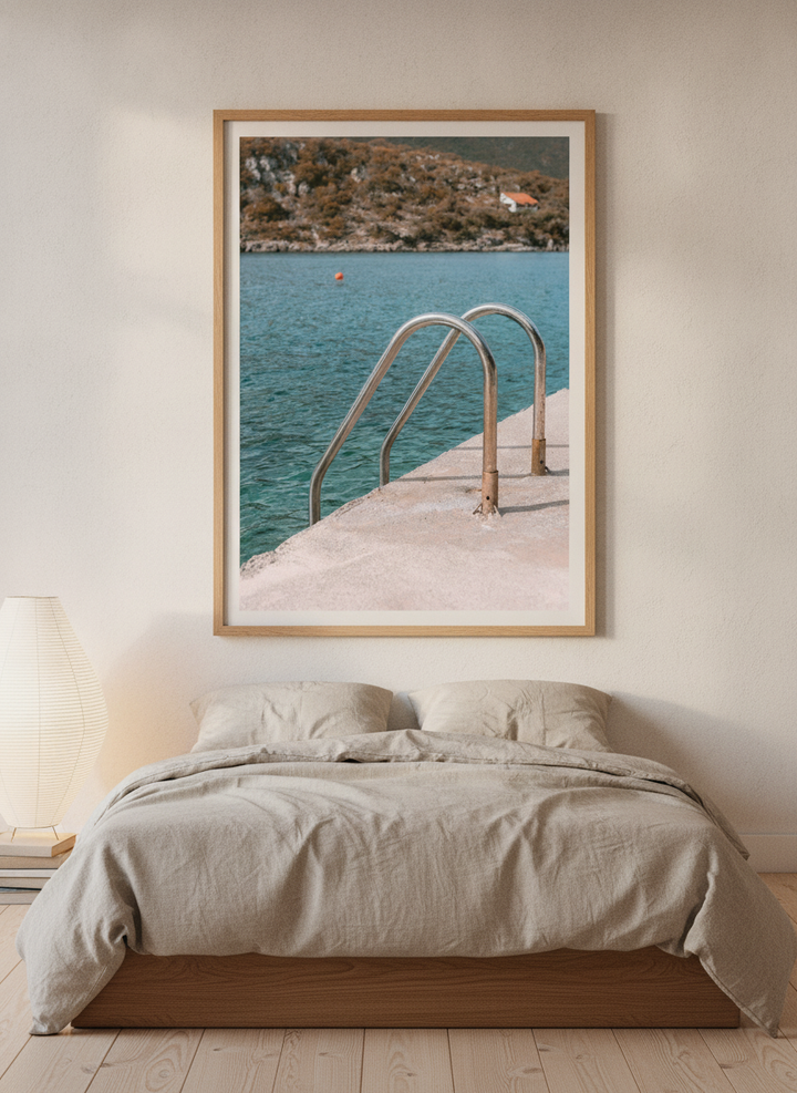 Modern wall art print styled on the wall in a warm Japandi bedroom