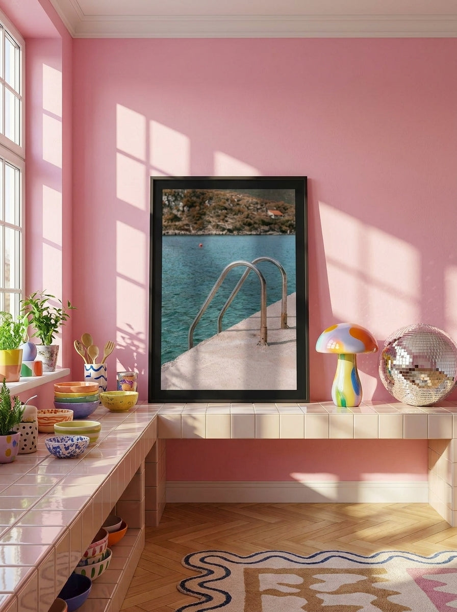 Modern wall art print standing on a kitchen bench in a colourful eclectic kitchen