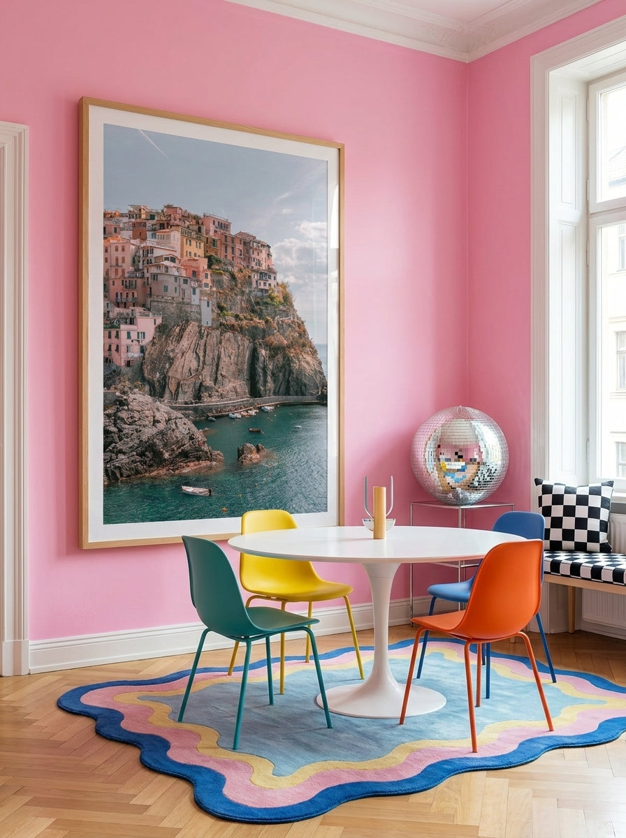 Oversized statement modern wall art print styled on the wall in a colourful eclectic dining room