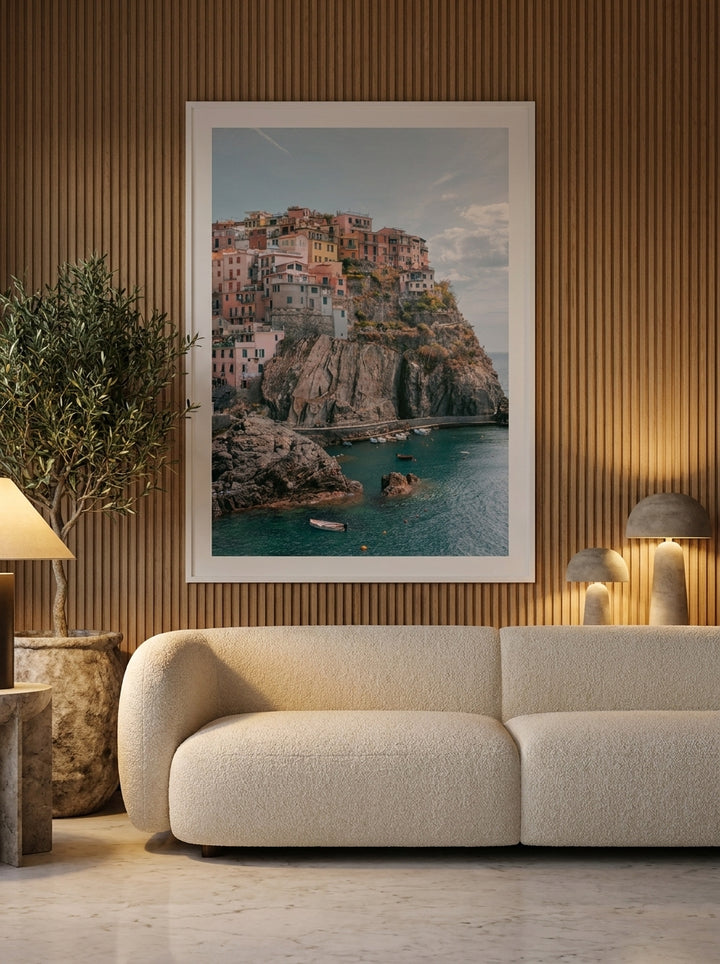 Oversized statement modern wall art print styled on the wall in a luxe living room