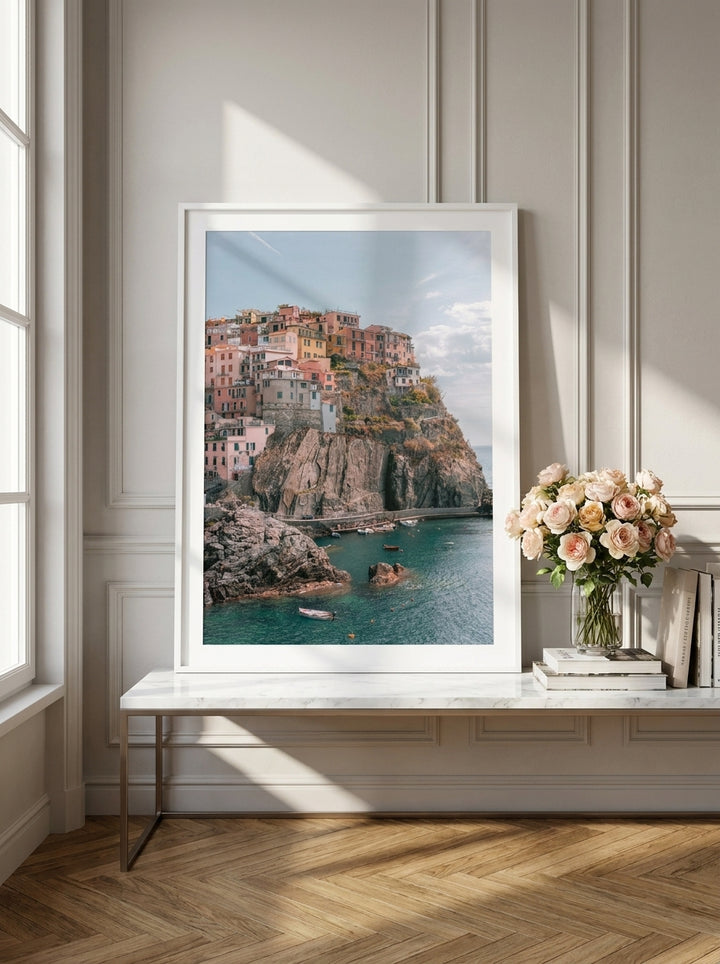 Modern wall art print standing on a console in a Parisian bedroom