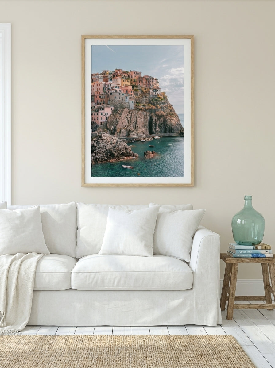Modern wall art print styled on the wall in a coastal living room