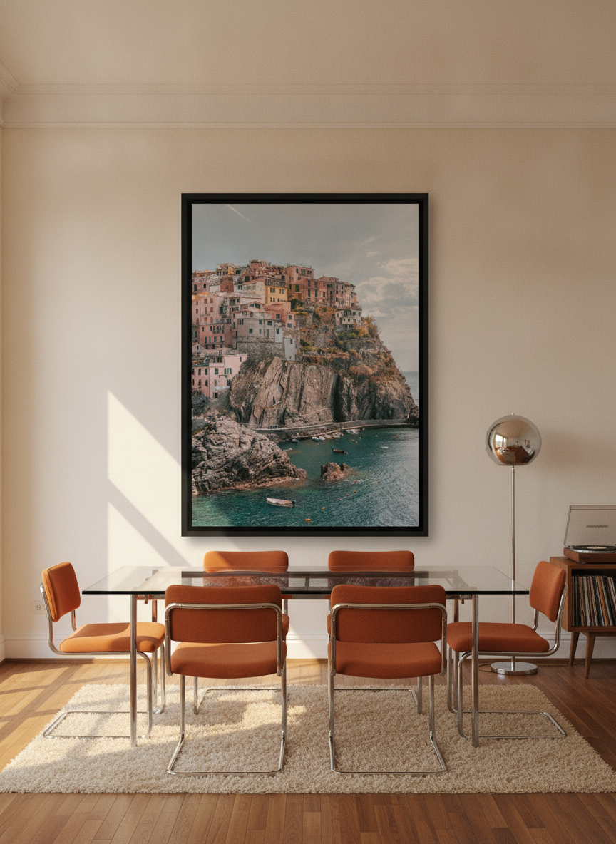 Oversized statement canvas wall art with a black surround styled on the wall in a retro 70s dining room