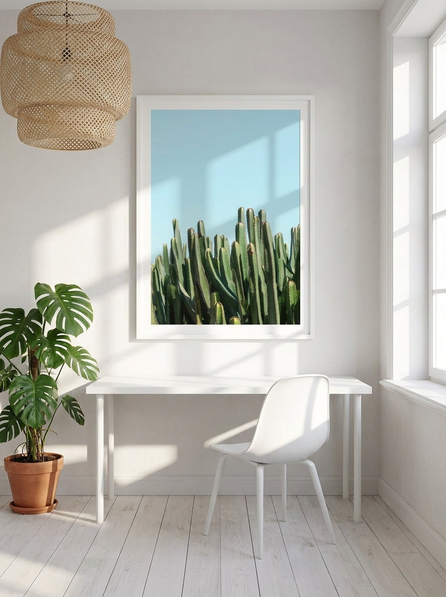 Modern wall art print styled on the wall in a bright Scandinavian home office