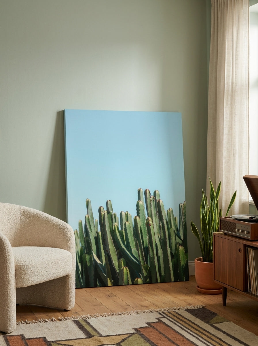 Stretched canvas wall art leaning against the wall in a mid-century home office
