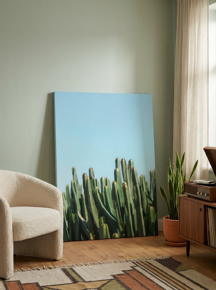 Stretched canvas wall art leaning against the wall in a mid-century home office