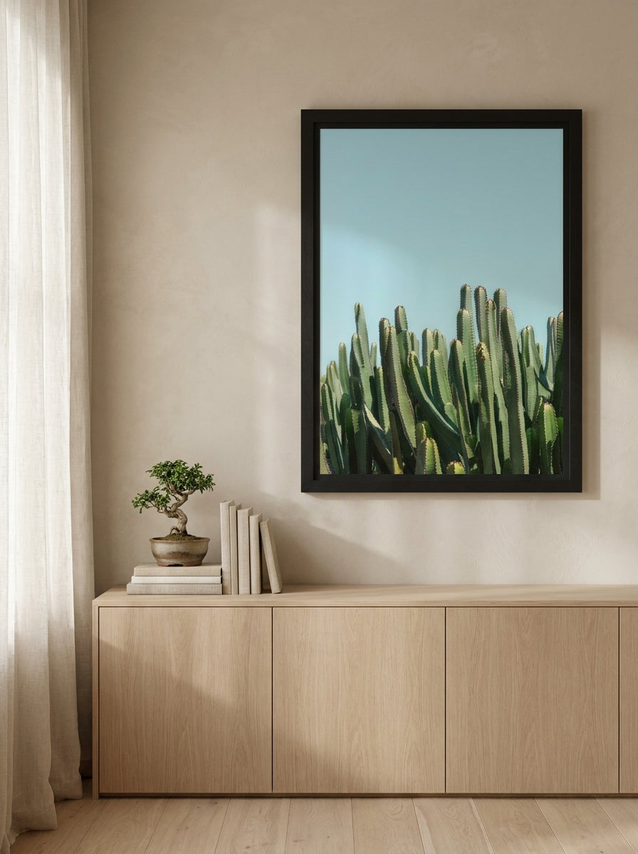 Modern wall art print styled on the wall in a warm Japandi living room