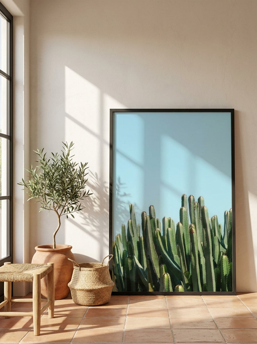 Oversized statement modern wall art print leaning against the wall in a Mediterranean bedroom