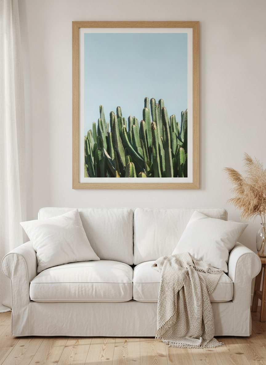 Modern wall art print styled on the wall in a coastal living room