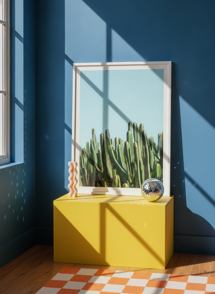 Modern wall art print standing on a side table in a colourful eclectic bedroom