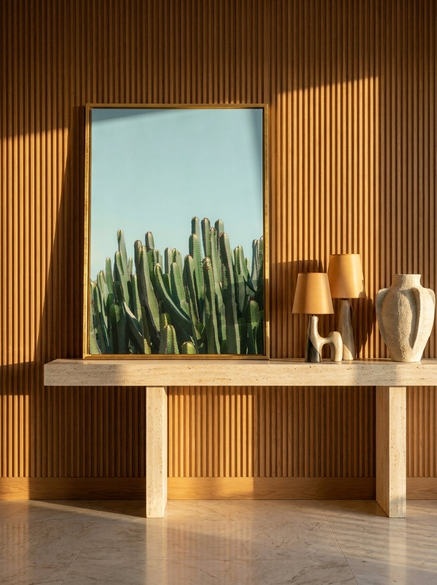 Canvas wall art with a gold leaf surround standing on a console in a luxe home office