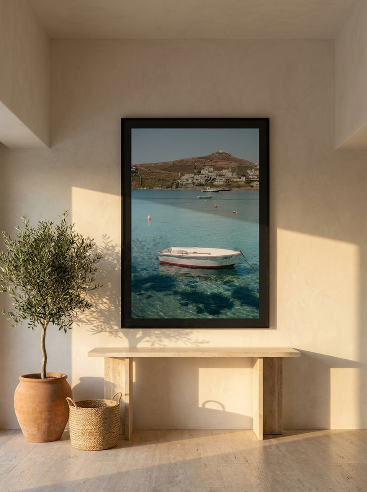 Oversized statement modern wall art print styled on the wall in a Mediterranean living room