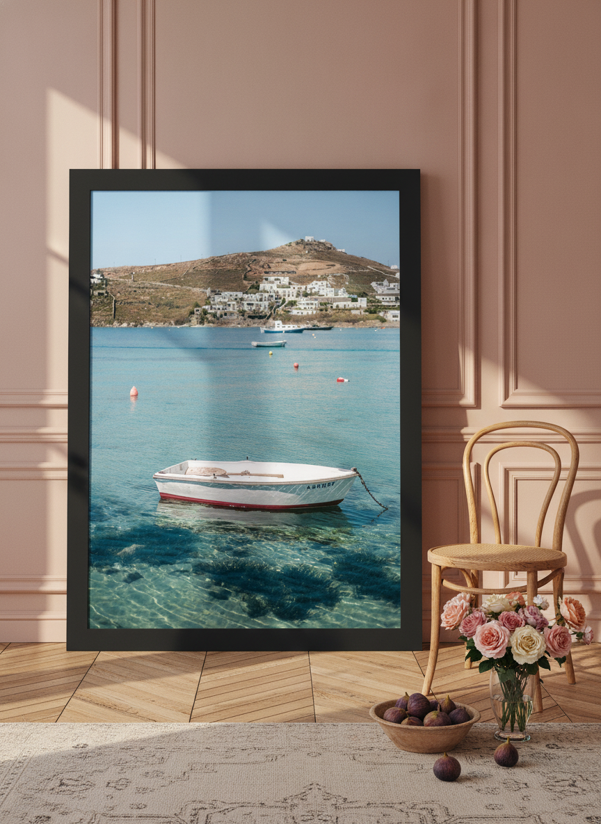 Oversized statement modern wall art print leaning against the wall in a Parisian dining room