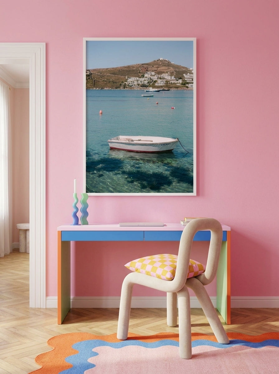 Modern wall art print styled on the wall in a colourful eclectic home office