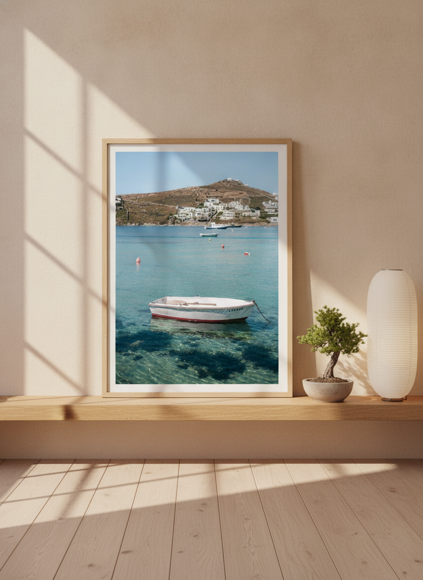 Modern wall art print standing on a shelf in a warm Japandi bathroom