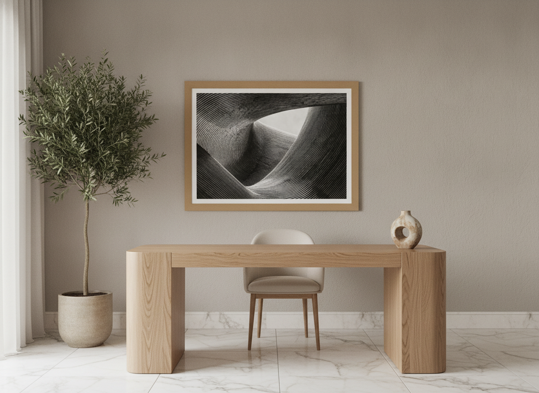 Modern wall art print styled on the wall in a luxe home office