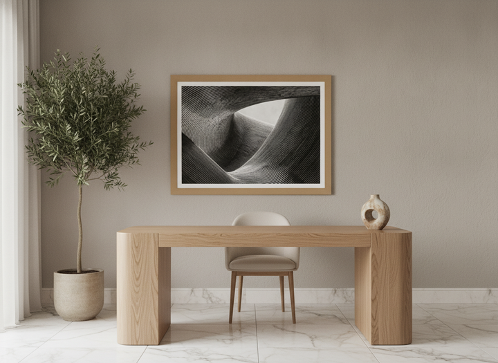 Modern wall art print styled on the wall in a luxe home office