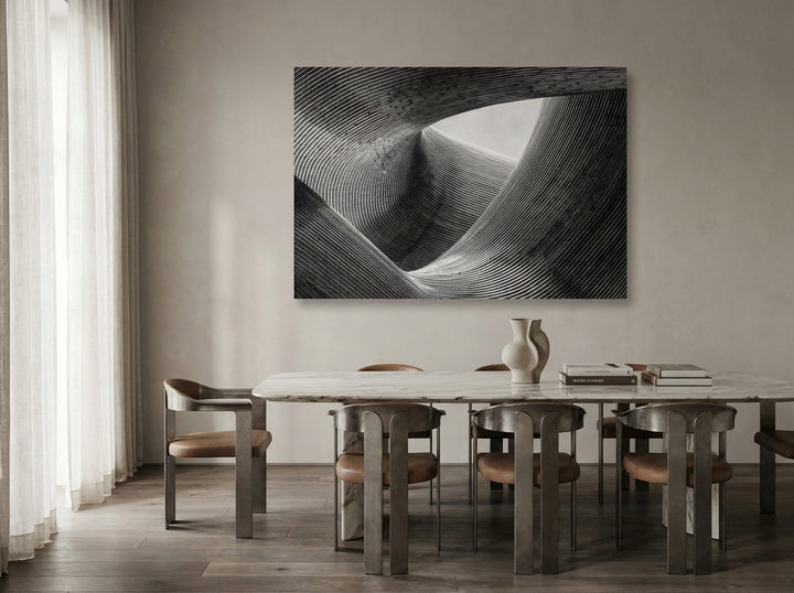 Stretched canvas wall art styled on the wall in a luxe dining room