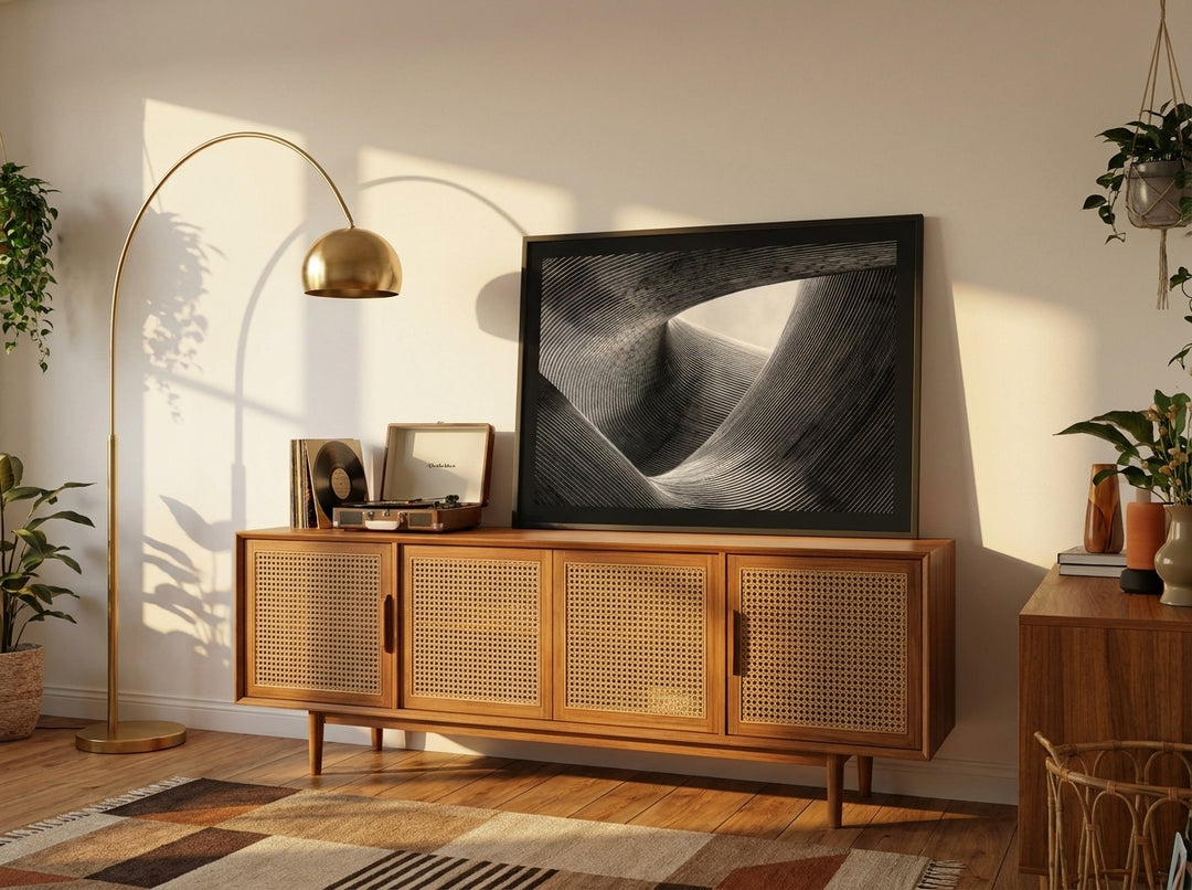 Modern wall art print standing on a sideboard in a mid-century home office
