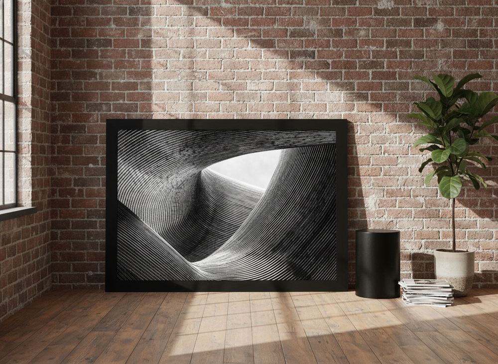 Oversized statement modern wall art print leaning against the wall in an industrial loft living room