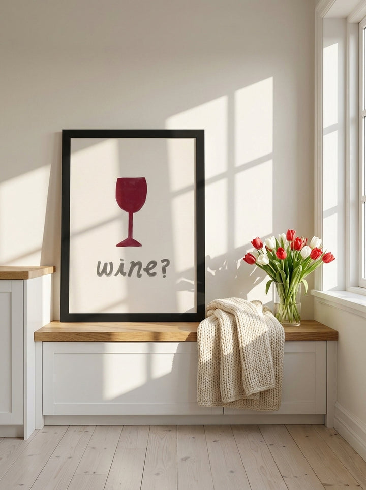 Modern wall art print standing on a kitchen bench in a bright Scandinavian kitchen