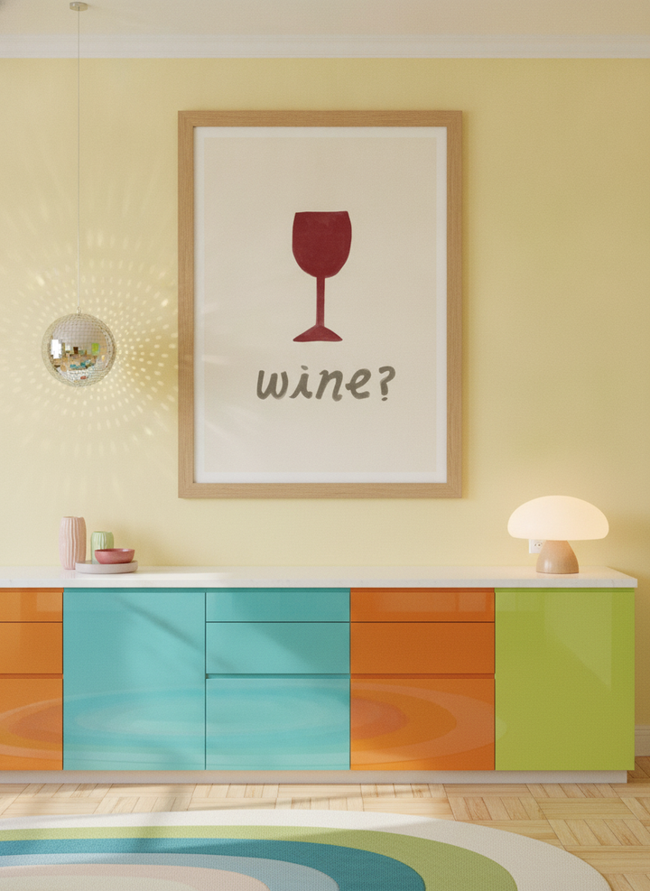Modern wall art print styled on the wall in a colourful eclectic kitchen