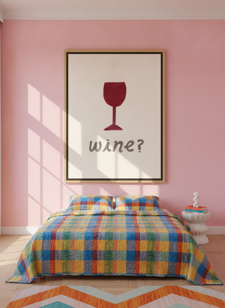Oversized statement canvas wall art with a natural timber surround styled on the wall in a colourful eclectic bedroom
