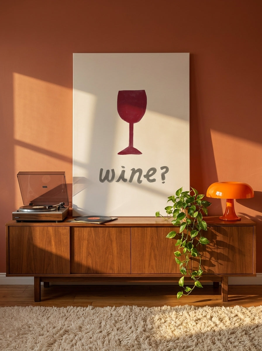 Stretched canvas wall art standing on a sideboard in a retro 70s living room