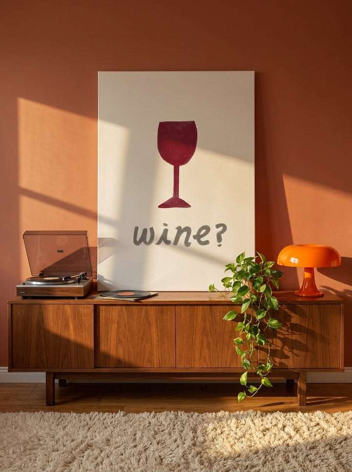Stretched canvas wall art standing on a sideboard in a retro 70s living room