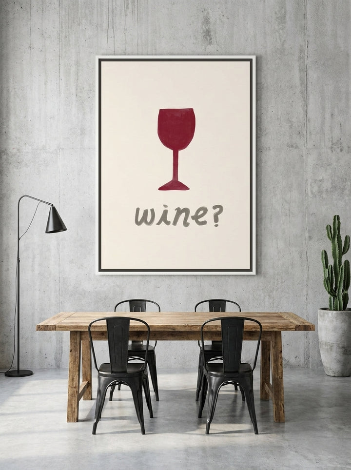 Oversized statement canvas wall art with a white surround styled on the wall in an industrial loft dining room